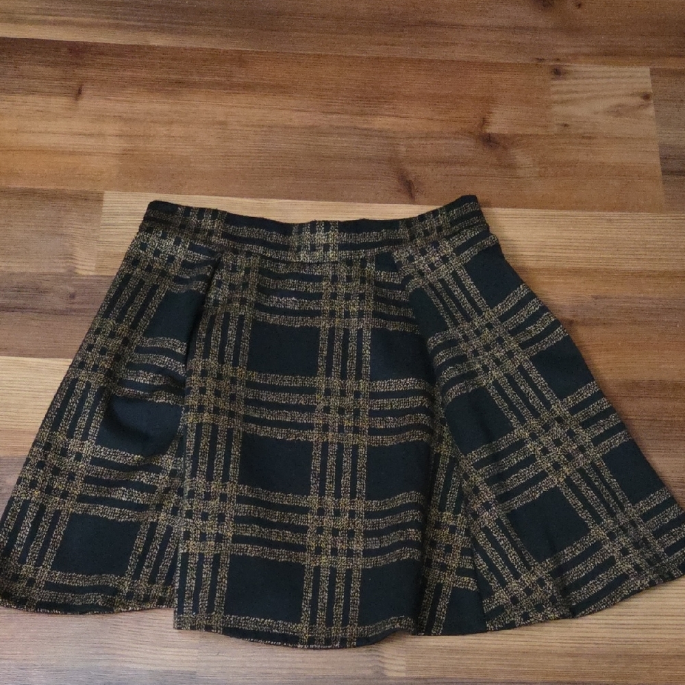 gold and black plaid skirt